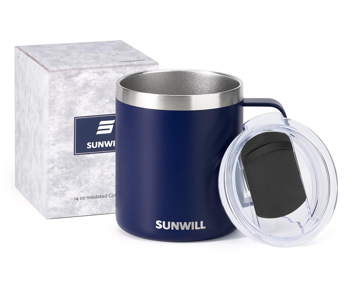 SUNWILL Insulated Coffee Mug, Stainless Steel 14 oz, Splash-Proof Lid Powder Coated Navy Blue 14 Ounces