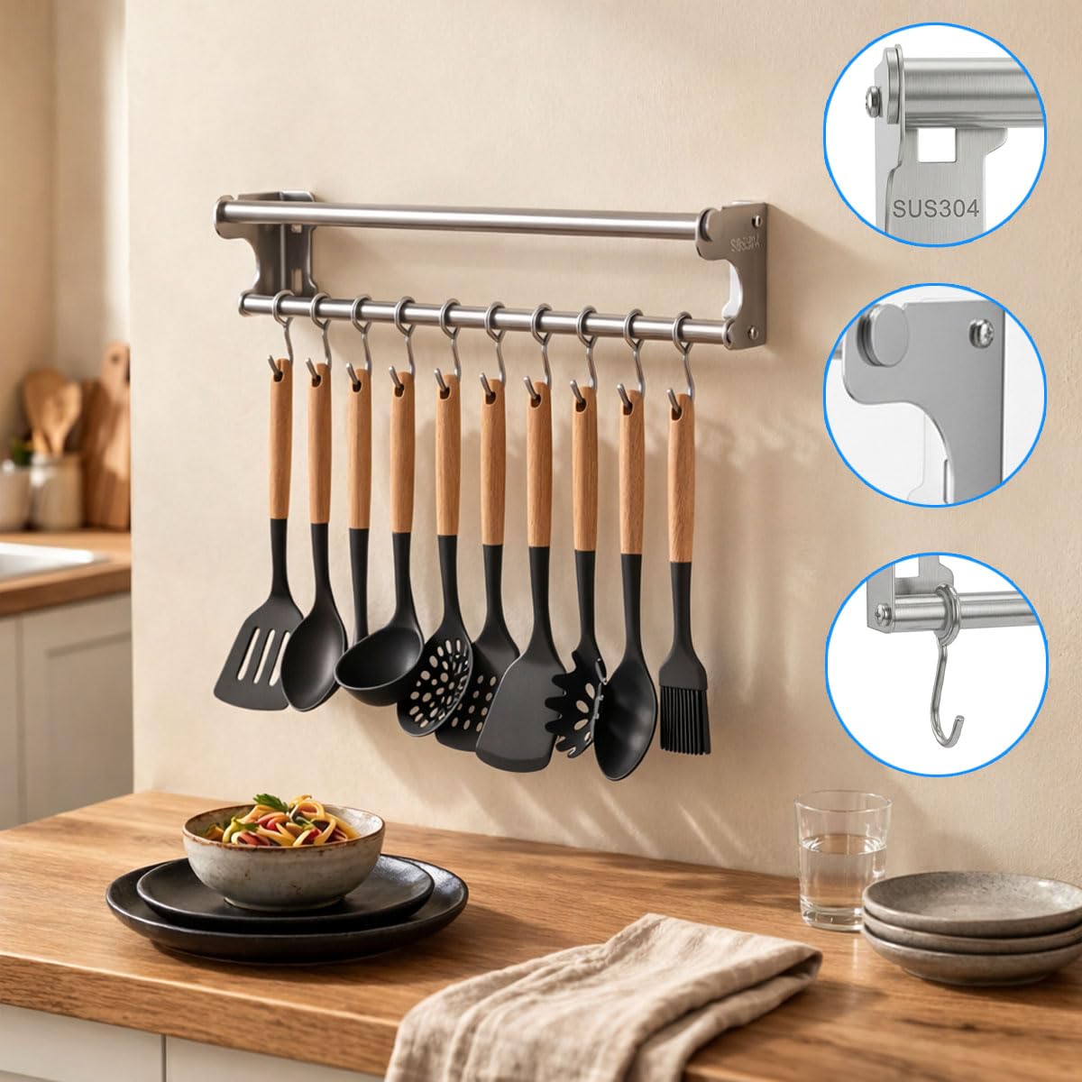 Stainless Steel Kitchen Utensil Holder with Hooks & Paper Towel Rack – Wall Mounted Organizer for Knives, Spoons,Spatula&Towels (19.658 inches+10 Hooks) 19.658 inches+10 Hooks