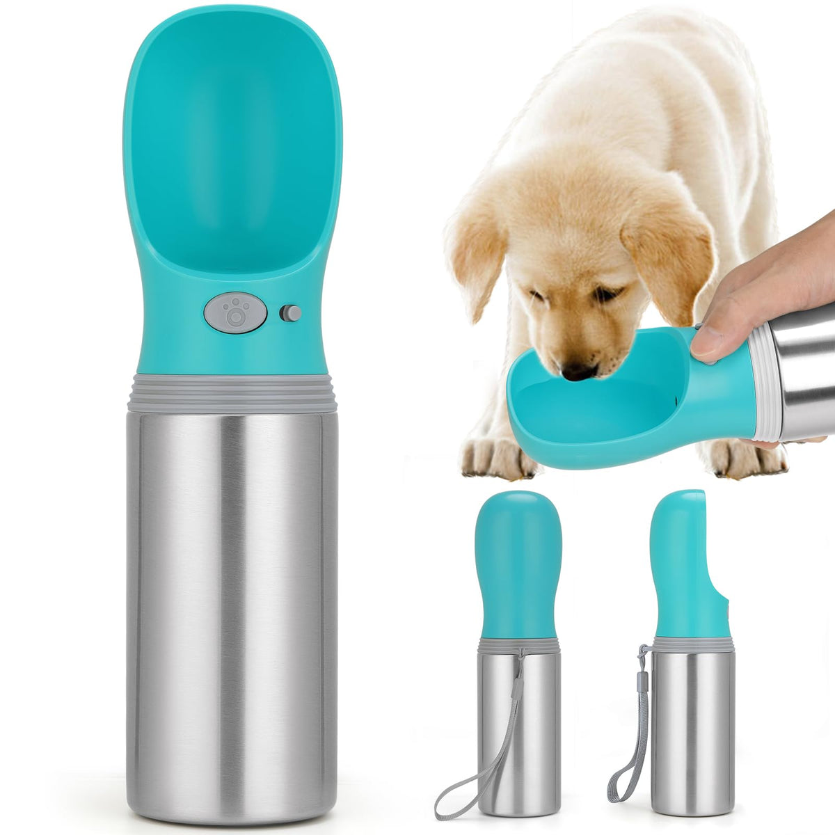 Portable Dog Water Bottle, 14 OZ Stainless Steel Pet Water Dispenser Button switch 14 OZ - Blue