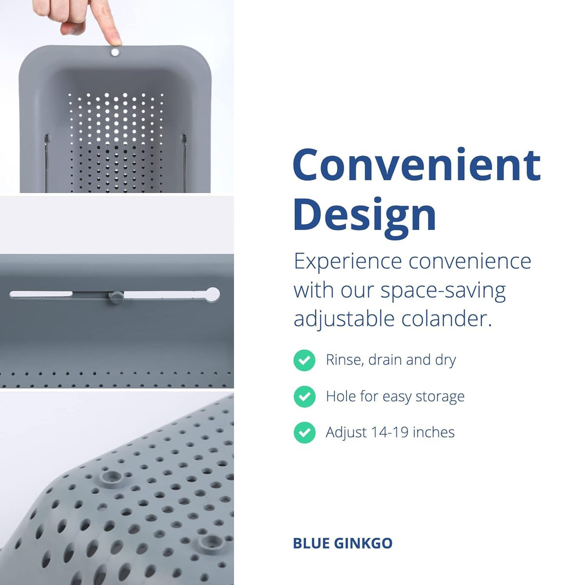Blue Ginkgo Over Sink Colander, Extendable Kitchen Strainer, Grey