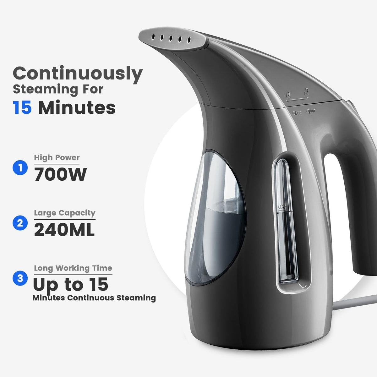 HiLIFE Steamer for Clothes, Portable Handheld Design, 240ml Big Capacity, 700W, Strong Penetrating Steam, Removes Wrinkle, for Home, Office(ONLY FOR 120V)-Black 1-Black