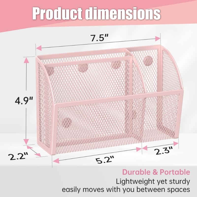 YINGHUA 3 Compartment Magnetic Metal Mesh Pen Holder, White Desk Caddy