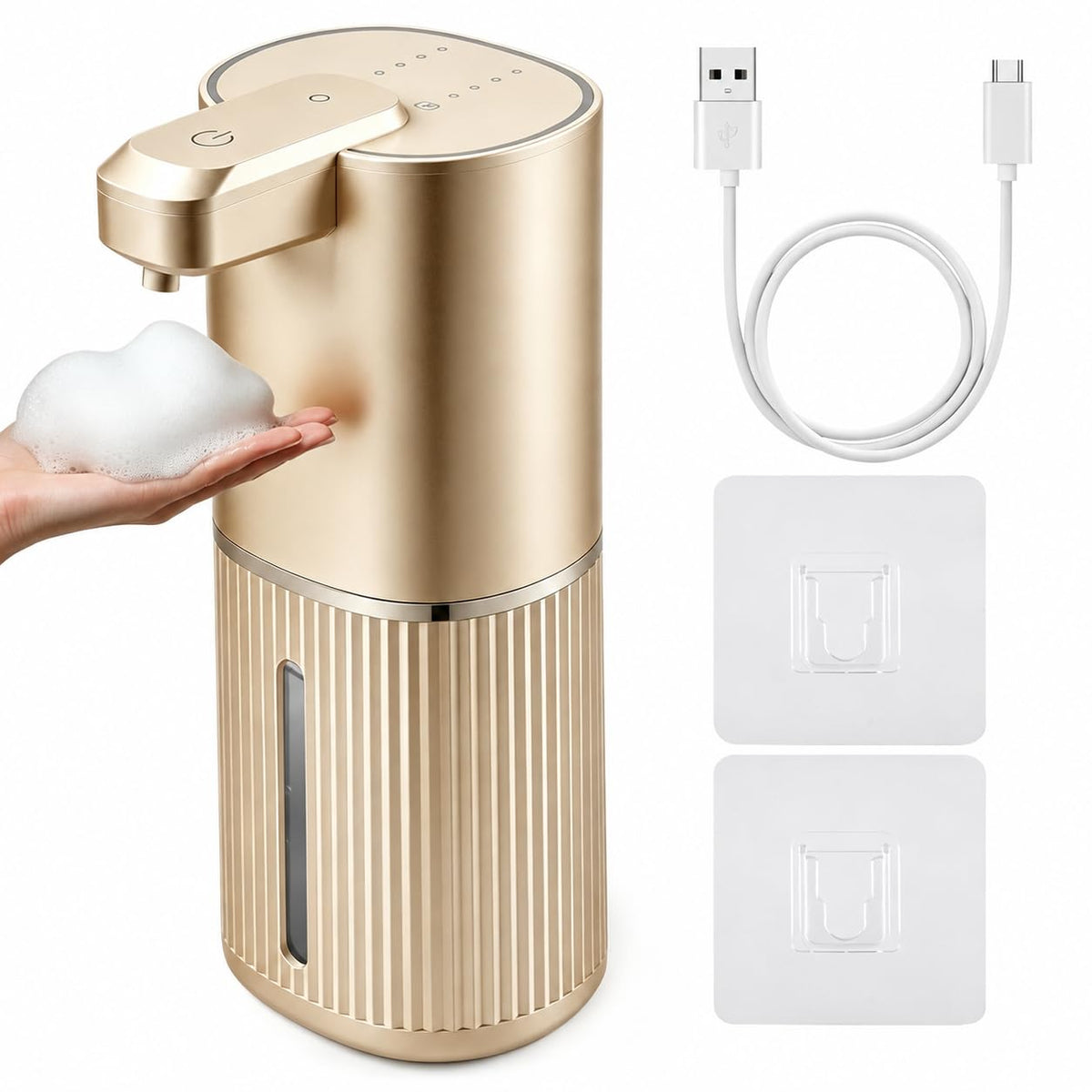 Automatic Soap Dispenser, Foaming Soap Dispenser Touchless with Continuous Dispensing, 4-Level Adjustable, Rechargeable Hand Soap Dispensers, Wall Mounted or Countertop for Bathroom & Kitchen Gold