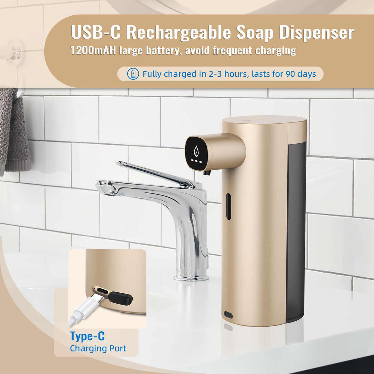 Automatic Liquid Soap Dispenser Touchless, USB Rechargeable Smart Hand Soap Dispenser, 13.5oz/400ml, 3-Level Adjustable, Compatible with Thick Thin Dish Soap for Bathroom Kitchen, Clog-Free (Gold) Gold