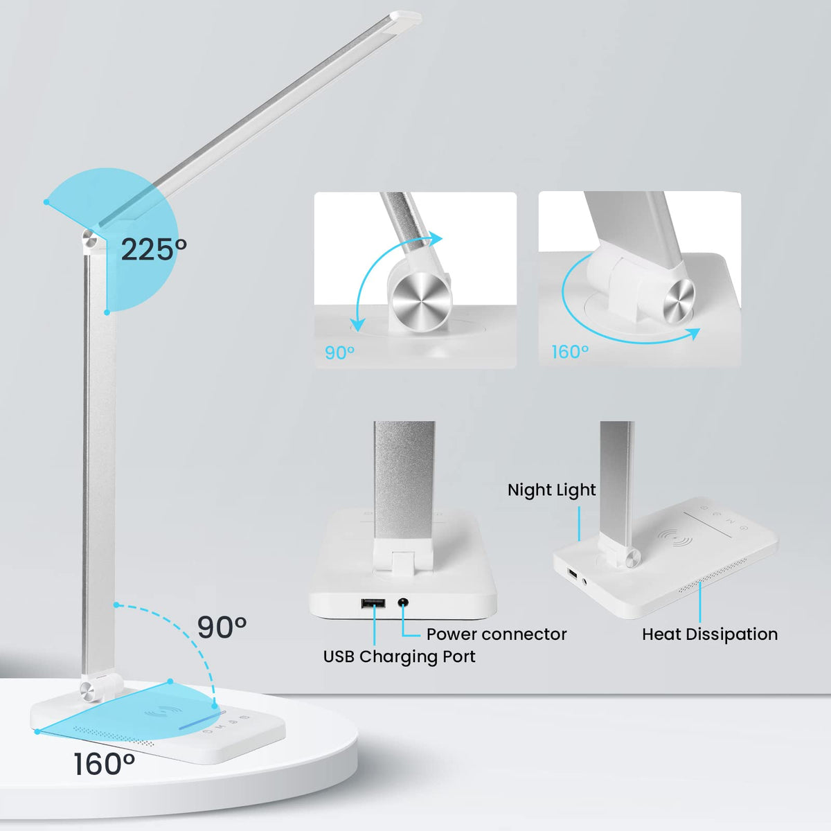 LED Desk Lamp with Wireless Charger, USB Charging Port, Eye Care Black PRO
