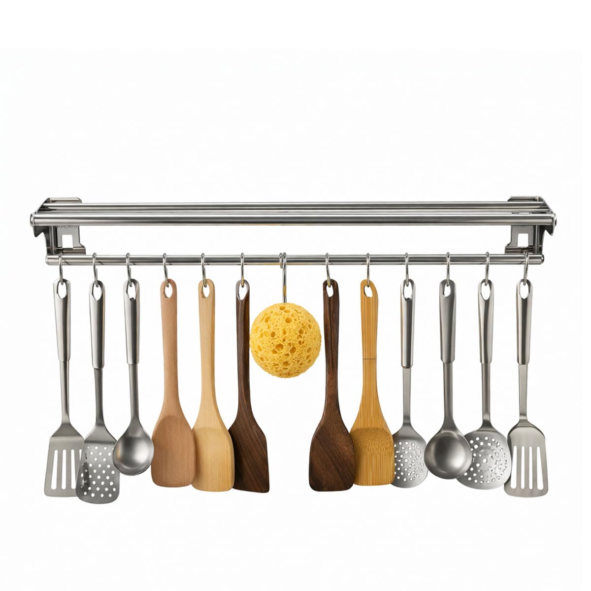 Stainless Steel Kitchen Utensil Holder with Hooks & Paper Towel Rack – Wall Mounted Organizer for Knives, Spoons,Spatula&Towels (19.658 inches+10 Hooks) 19.658 inches+10 Hooks