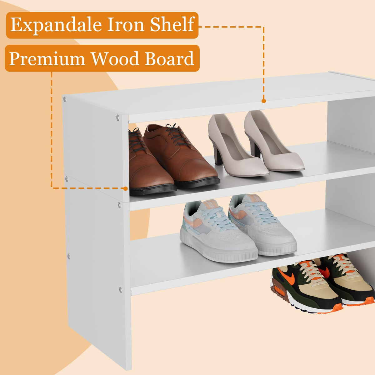 3-Tier Expandable White Shoe Rack Organizer for Closet, Stackable Shoe Racks Storage Shelf, Small Metal Wood Combination Shoe Shelves for Closets,Entryway,Front Door, Narrow Space,Hallway,8-16 Pairs 1 PACK(3-Tier）