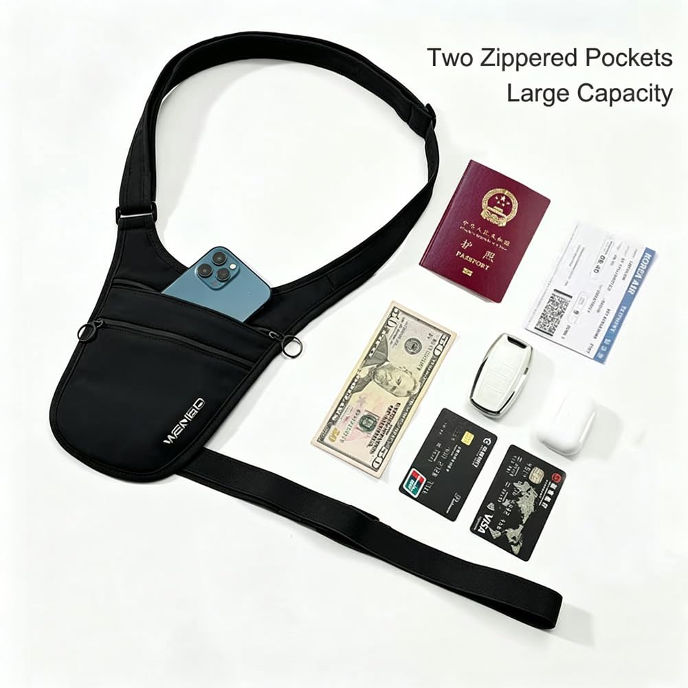 Money Belt for Travel Hidden Under Clothes, Anti-Theft Passport Holder & Travel Wallet Pouch for Men & Women (black) black