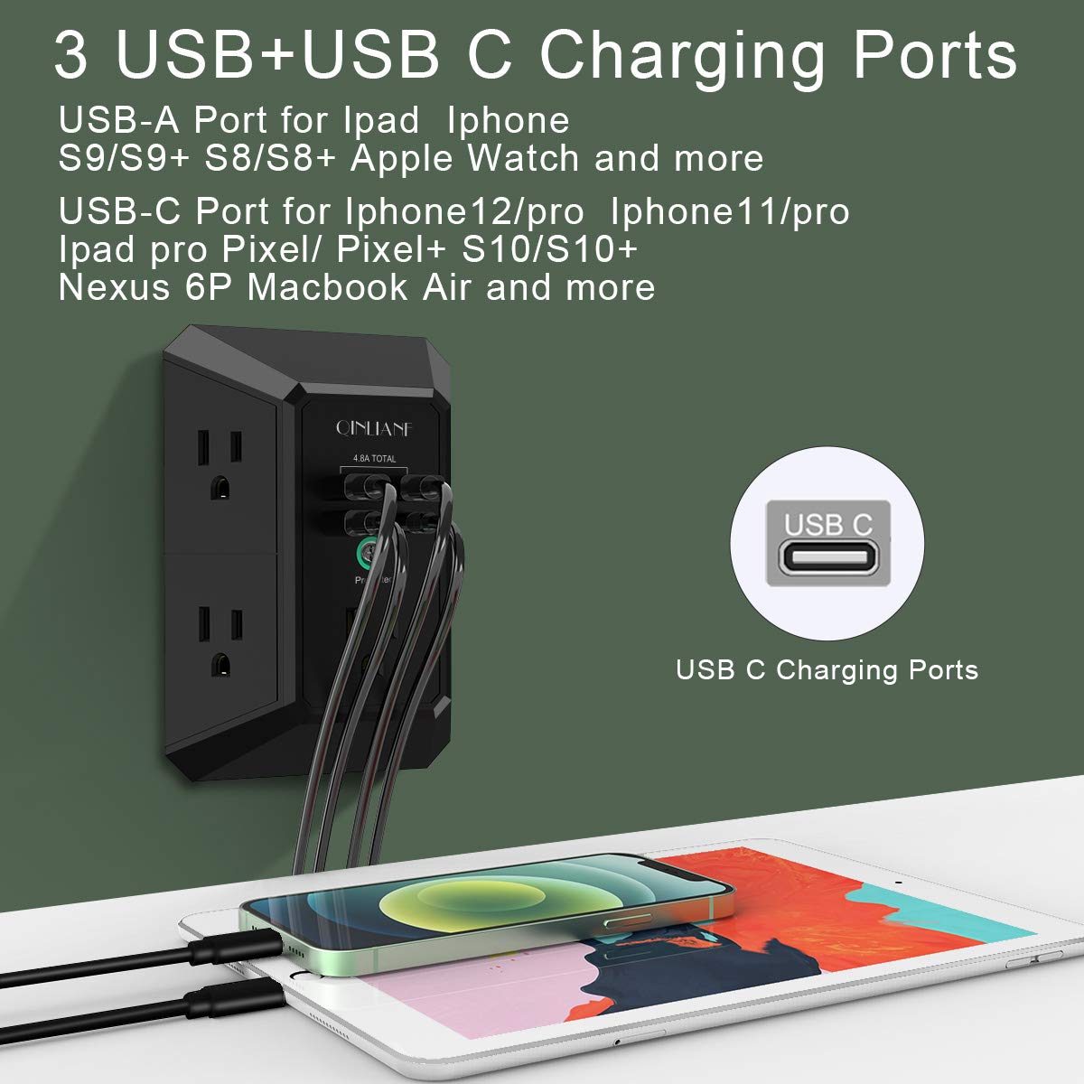 Wall Charger, Surge Protector, QINLIANF 5 Outlet Extender with 4 USB Ports Black 3U1C