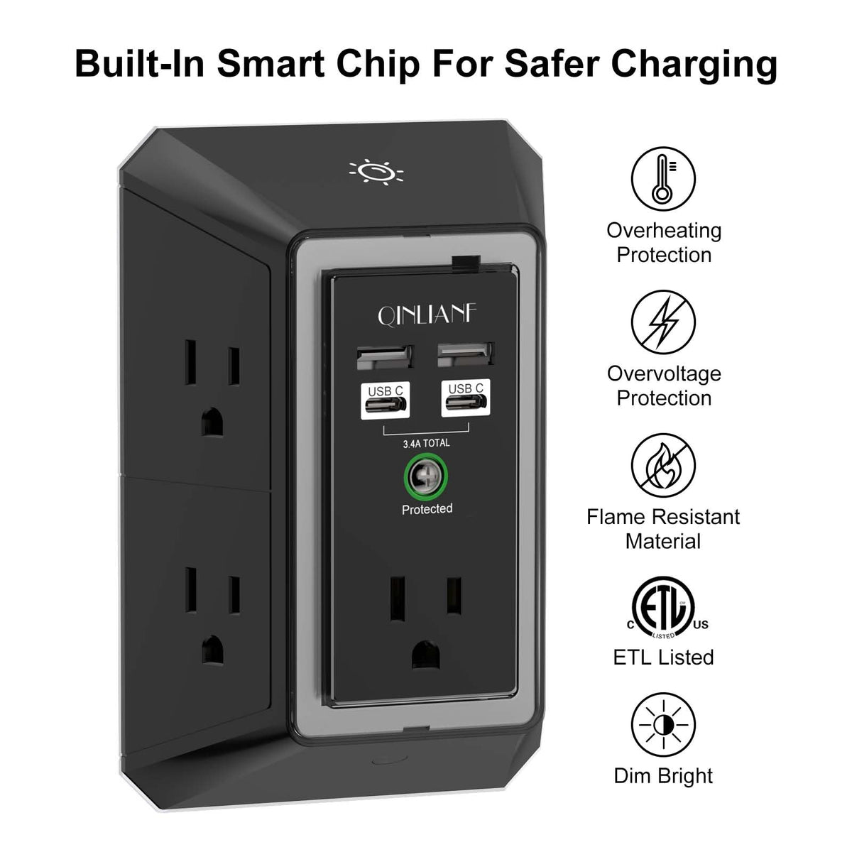 Wall Charger, Surge Protector, QINLIANF 5 Outlet Extender with 4 USB Ports Black 3U1C