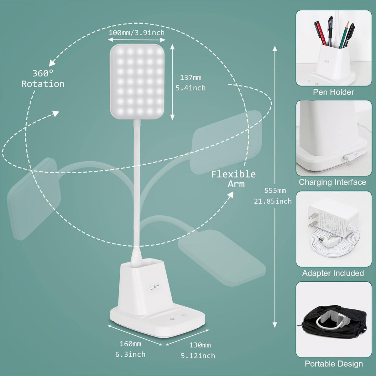 10W Wireless Charging LED Desk Lamp with Clock, Light Black
