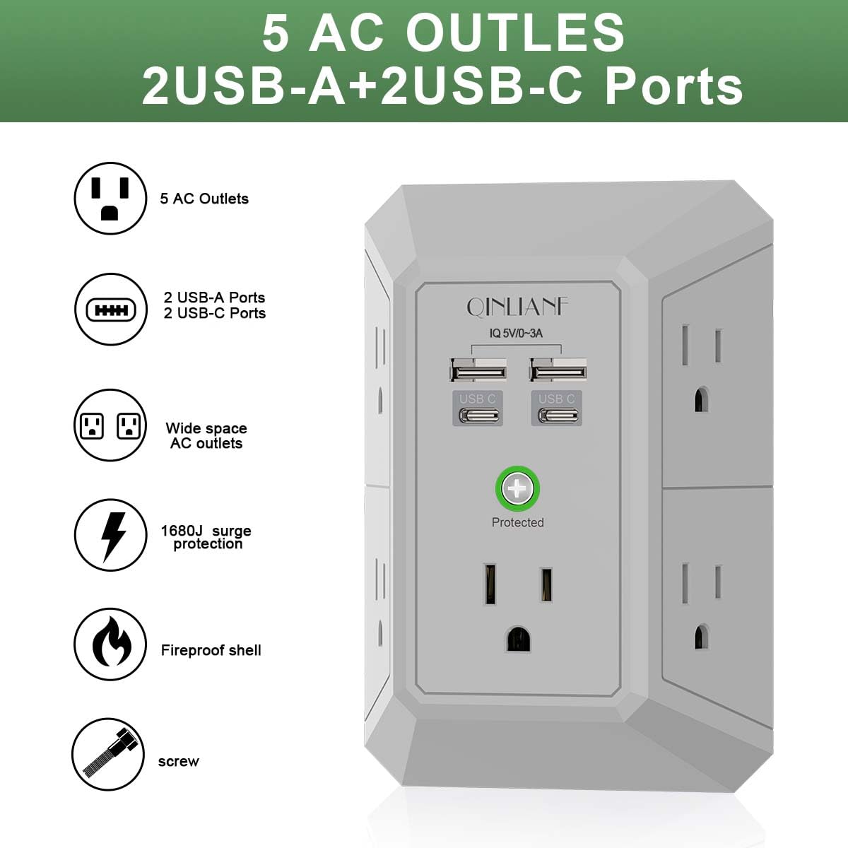 Wall Charger, Surge Protector, QINLIANF 5 Outlet Extender with 4 USB Ports Black 3U1C