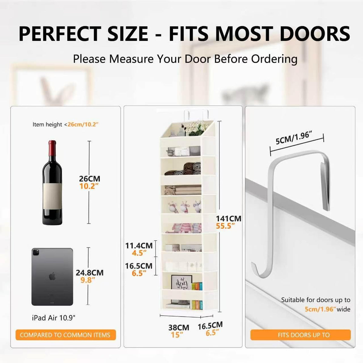 Over The Door Organizer - Over Door Storage Organizer with 5 Large Pockets & 10 Mesh Side Compartments - Heavy-Duty Hanging Storage for Bathroom, Bedroom & Closet - Baby Room Organize - Grey