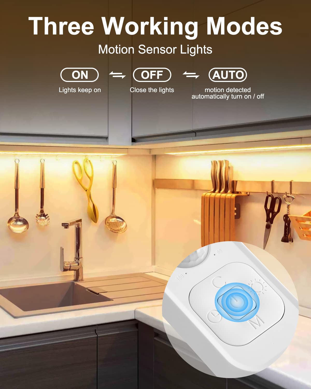 Motion Sensor Led Light Strip - Under Cabinet Lighting with Power Adapter Cold White 16.4ft