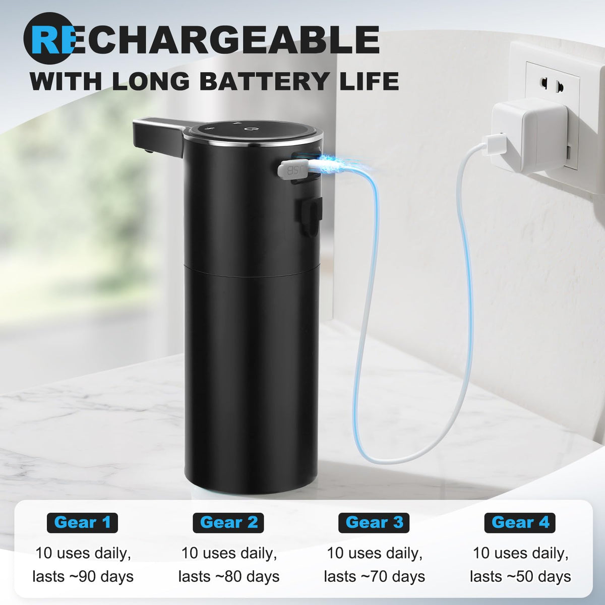 Automatic Soap Dispenser Touchless, 13.5oz Rechargeable Liquid Pump Black Liquid