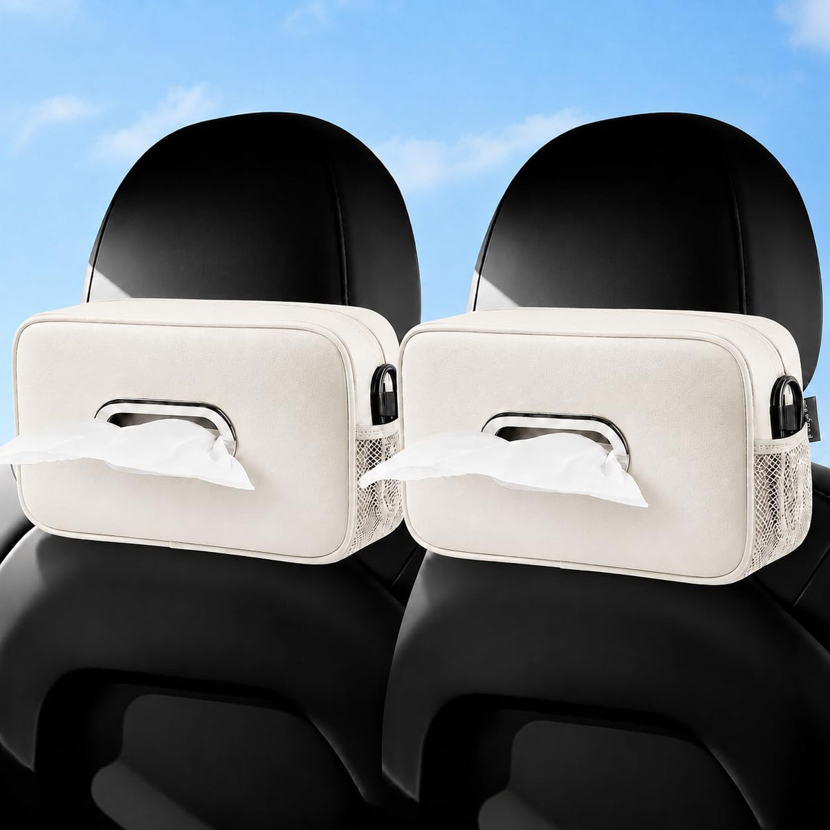 2PCS Multi-Functional Car Tissue Holder with ‌2 Tuck Nets, Tissue Box Cover 2pack Deep Black
