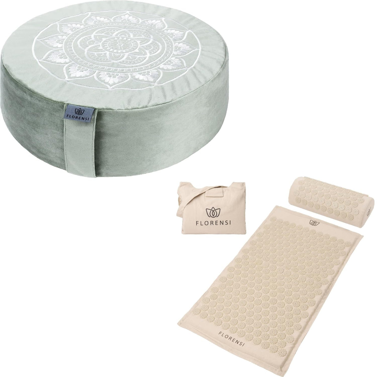 Florensi Meditation Cushion & Acupressure Mat Set Bundle - Comfortable Zabuton Floor Meditation Pillow - 100% Linen Cotton Acupuncture Mat and Pillow Set for Back Pain Relief