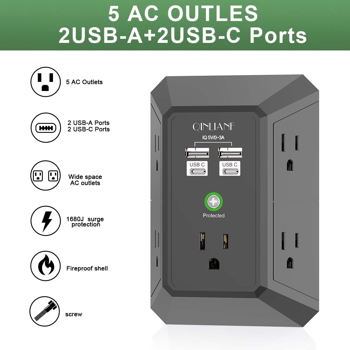 Wall Charger, Surge Protector, QINLIANF 5 Outlet Extender with 4 USB Ports Black 3U1C