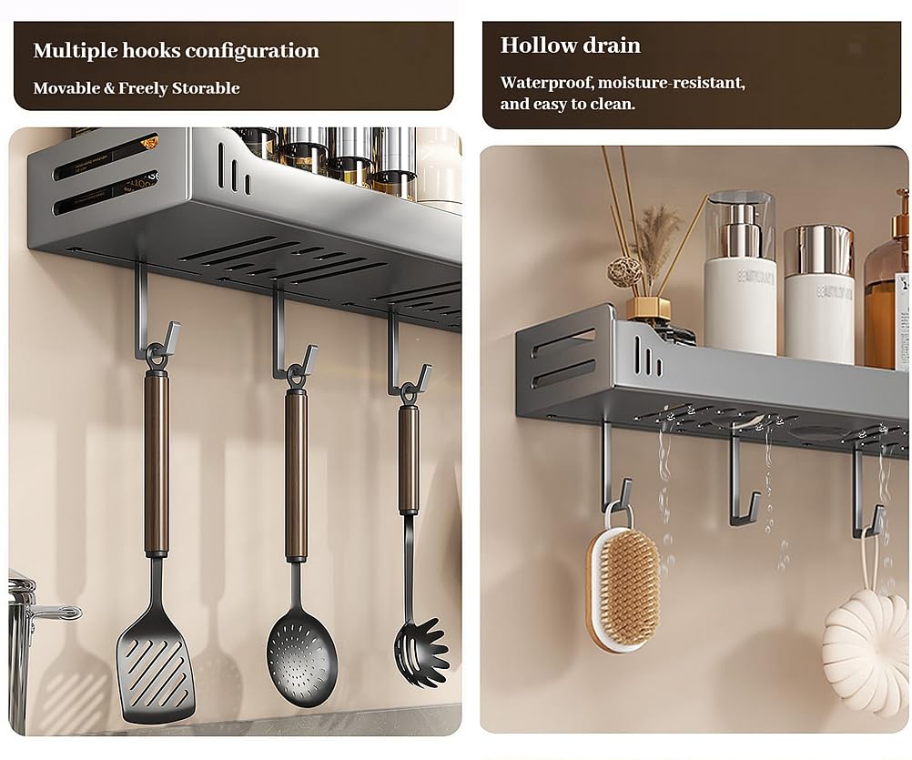 carbon steel Kitchen utensils wall mounted seasoning rack, kitchen supplies oil, salt, soy sauce, vinegar spices condiments storage shelf with hooks