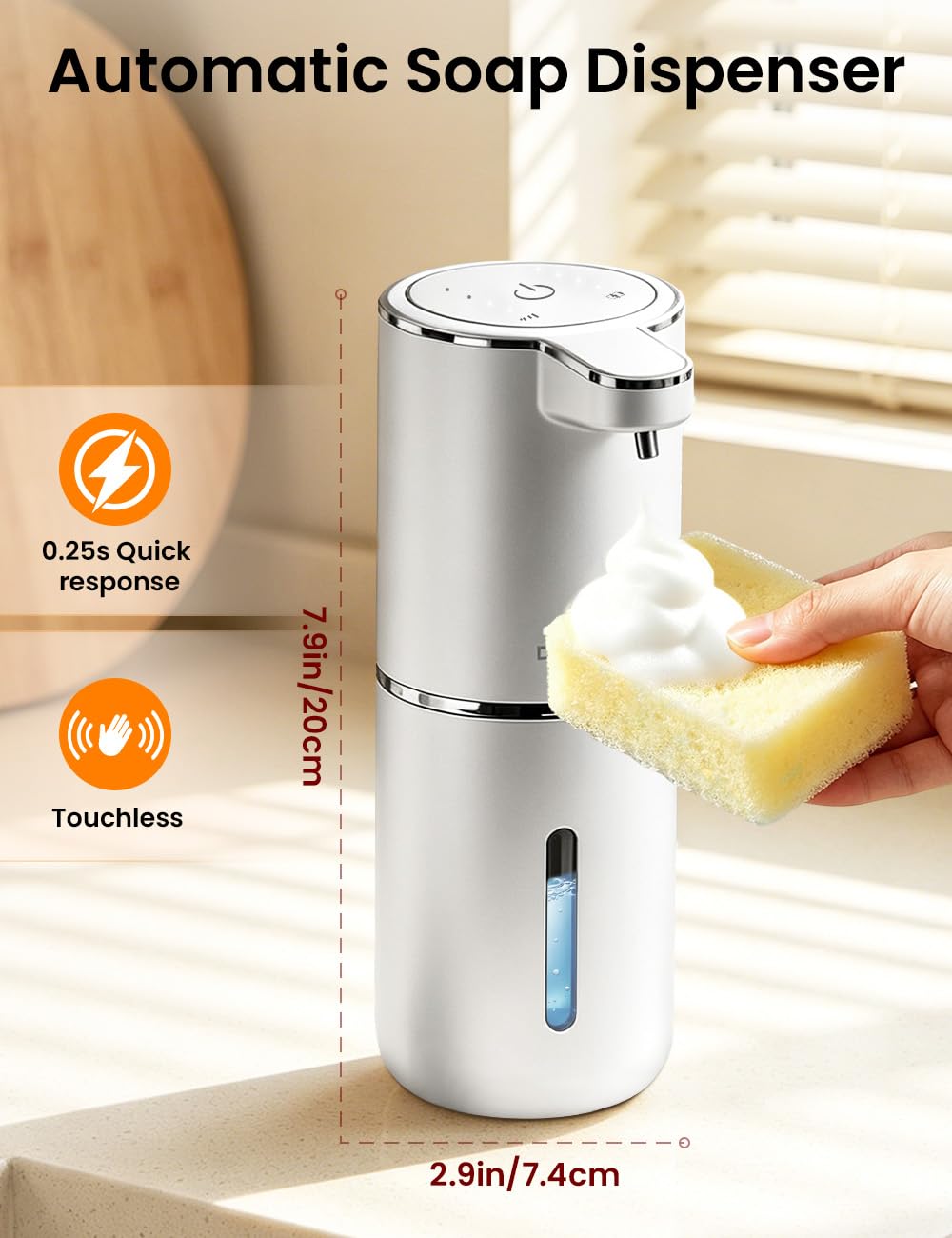 Automatic Soap Dispenser Touchless, USB Rechargeable Hand Soap Dispenser, 4 Adjustable Soap Levels, IPX5 Waterproof, 12.8oz/380ml, Countertop or Wall Mounted for Bathroom and Kitchen, White Liquid