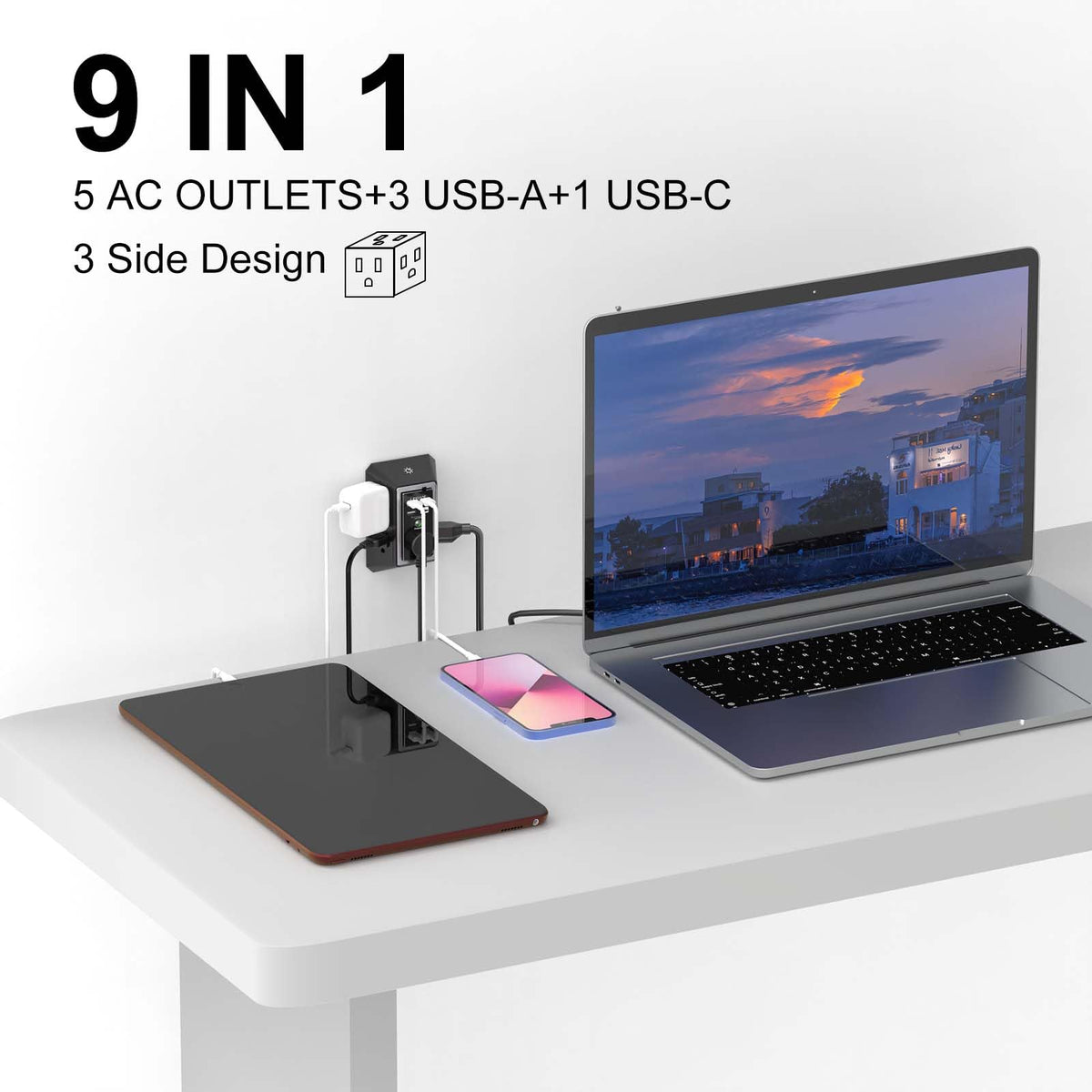 Wall Charger, Surge Protector, QINLIANF 5 Outlet Extender with 4 USB Ports Black 3U1C
