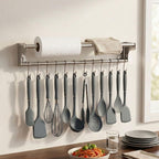 Stainless Steel Kitchen Utensil Holder with Hooks & Paper Towel Rack – Wall Mounted Organizer for Knives, Spoons,Spatula&Towels (19.658 inches+10 Hooks) 19.658 inches+10 Hooks