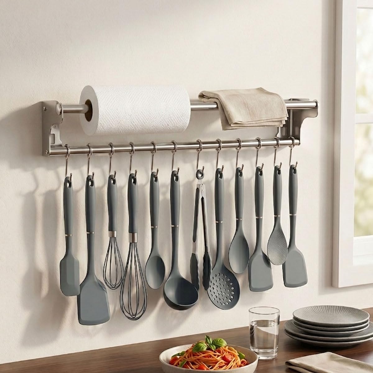 Stainless Steel Kitchen Utensil Holder with Hooks & Paper Towel Rack – Wall Mounted Organizer for Knives, Spoons,Spatula&Towels (19.658 inches+10 Hooks) 19.658 inches+10 Hooks