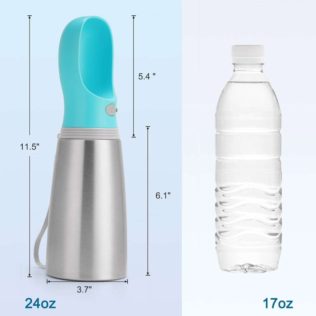 Portable Dog Water Bottle, 14 OZ Stainless Steel Pet Water Dispenser Button switch 14 OZ - Blue