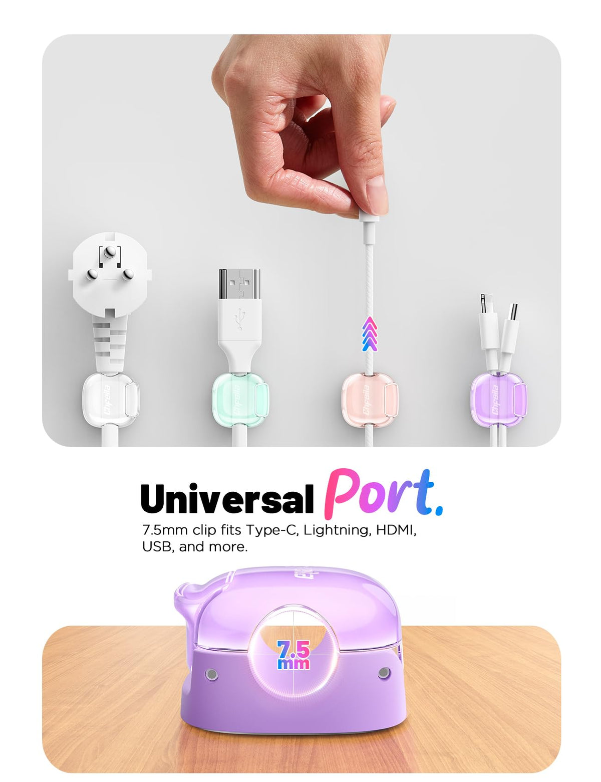 8 Pack Cable Clips, Cord Organizer, Cute Spring Cord Holder 8 Pack Pink/Green/Purple/White