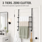 Over The Door Towel Rack, 3 Tier Metal Towel Bars with 2 Hooks for Bathroom,Add Extra Storage with 3 Fixed Towel Bars, 2 Bottom Hooks and Adhesive Pads—Perfect for bathrooms, bedrooms and RVs.