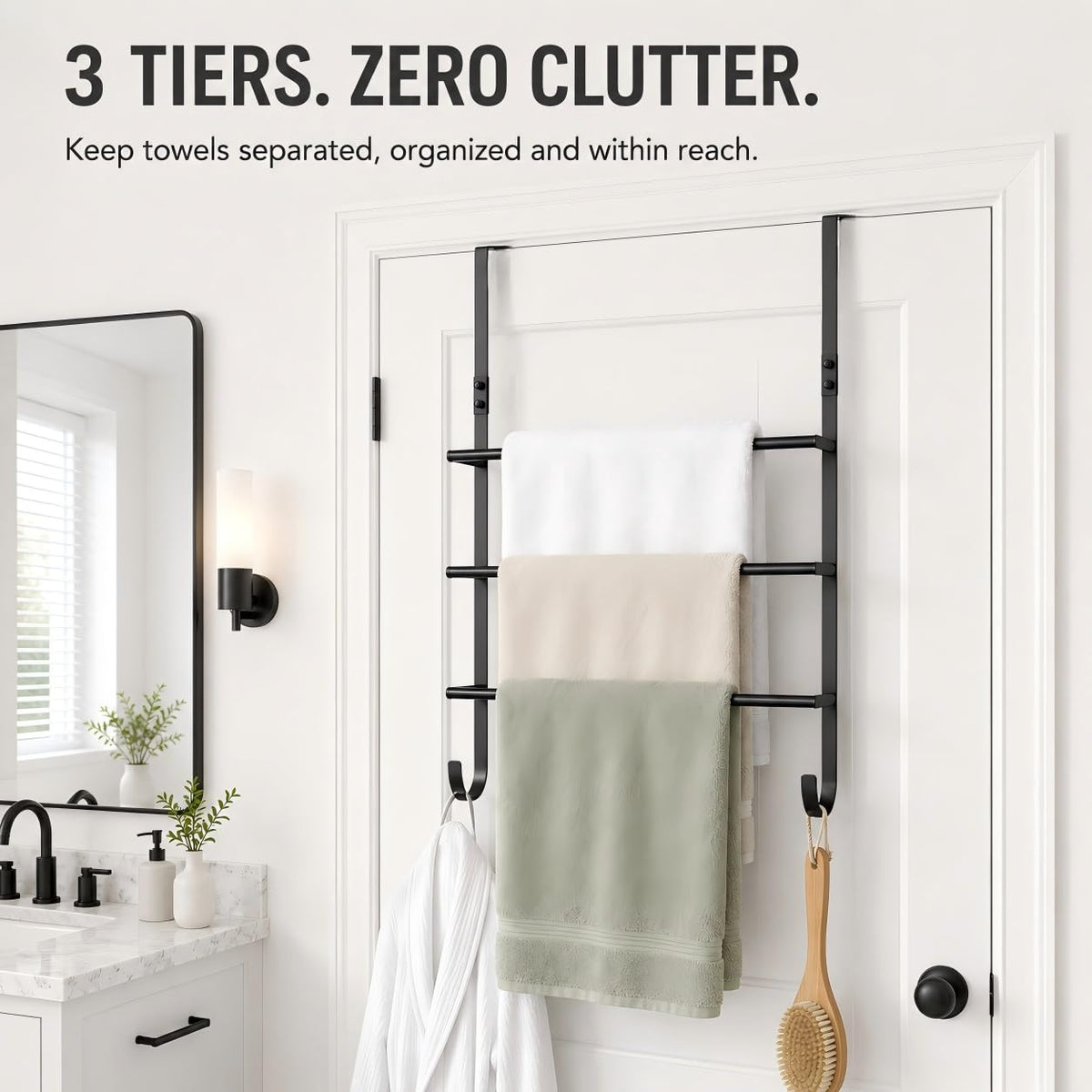 Over The Door Towel Rack, 3 Tier Metal Towel Bars with 2 Hooks for Bathroom,Add Extra Storage with 3 Fixed Towel Bars, 2 Bottom Hooks and Adhesive Pads—Perfect for bathrooms, bedrooms and RVs.