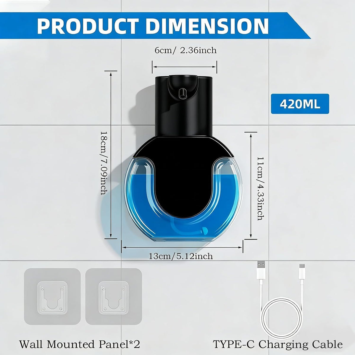 Automatic Soap Dispenser Touchless,Rechargeable Foaming Soap Dispenser,15oz/420ml Smart Hand Soap Dispensers,4-Level Adjustable,Wall Mount for Bathroom Kitchen Dish Soap,Hands-Free (Black) Black Foam