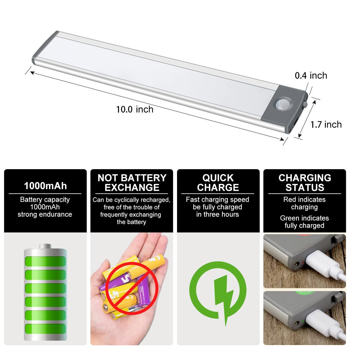 LED Motion Sensor Light,Under Counter Lighting, Wireless USB Rechargeable Kitchen Night Lights,Battery Powered Operated Light,54-LED Light for Wardrobe,Closets,Cabinet,Cupboard, 2 Count (Pack of 1) Silver-white Light 54 LED