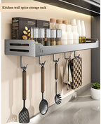 carbon steel Kitchen utensils wall mounted seasoning rack, kitchen supplies oil, salt, soy sauce, vinegar spices condiments storage shelf with hooks