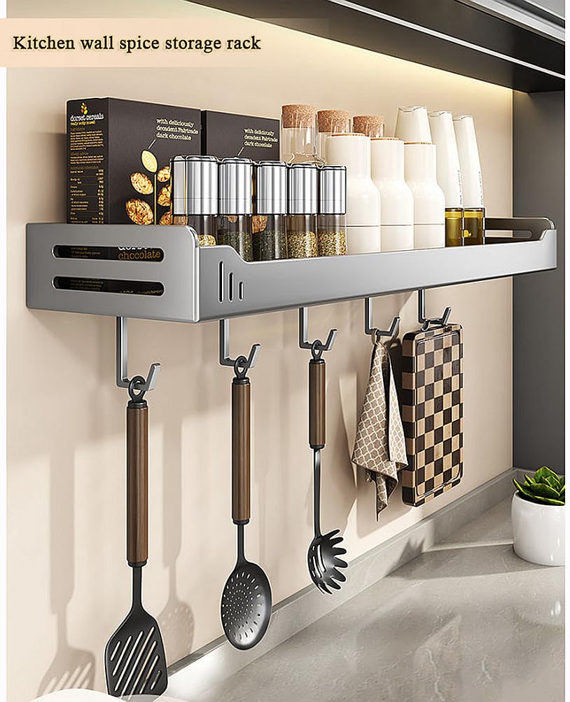 carbon steel Kitchen utensils wall mounted seasoning rack, kitchen supplies oil, salt, soy sauce, vinegar spices condiments storage shelf with hooks