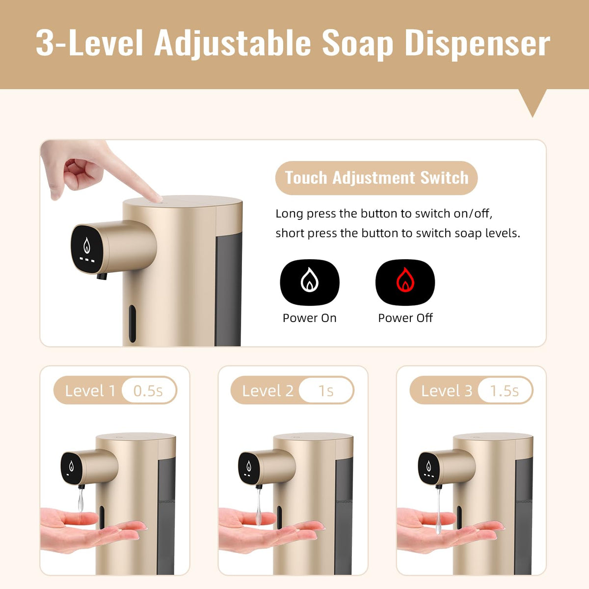 Automatic Liquid Soap Dispenser Touchless, USB Rechargeable Smart Hand Soap Dispenser, 13.5oz/400ml, 3-Level Adjustable, Compatible with Thick Thin Dish Soap for Bathroom Kitchen, Clog-Free (Gold) Gold