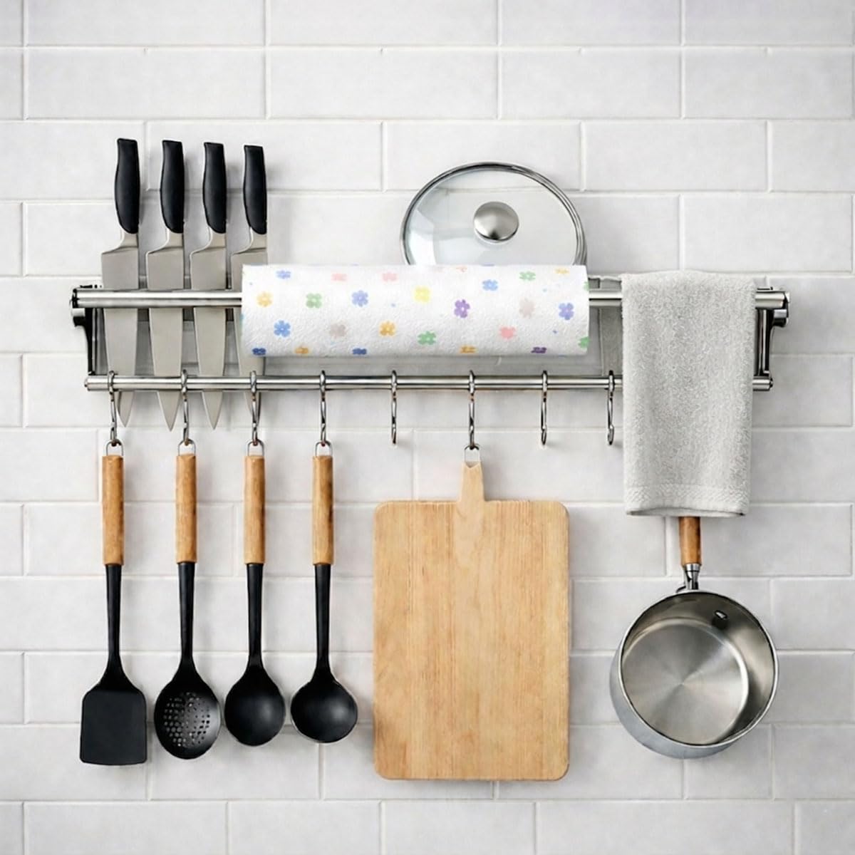 Stainless Steel Kitchen Utensil Holder with Hooks & Paper Towel Rack – Wall Mounted Organizer for Knives, Spoons,Spatula&Towels (19.658 inches+10 Hooks) 19.658 inches+10 Hooks