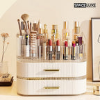Large Makeup Organizer with Drawers, 360° Rotating Brush Holder Cream White 3-layer