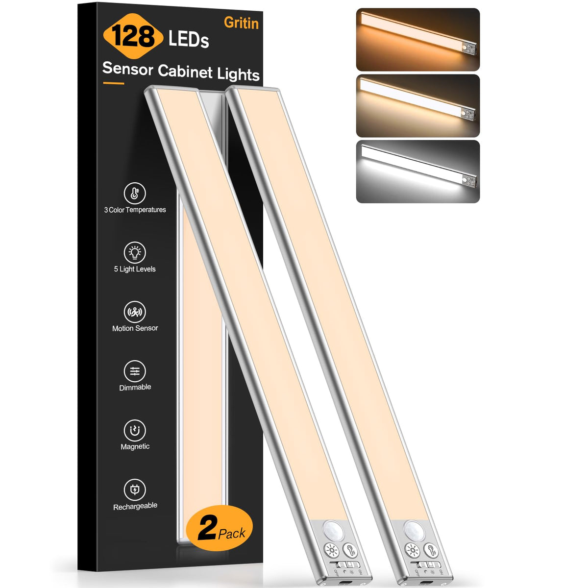 Gritin 14.7inch Under Cabinet Lighting Rechargeable 2 Pack Silver 14.7 inch
