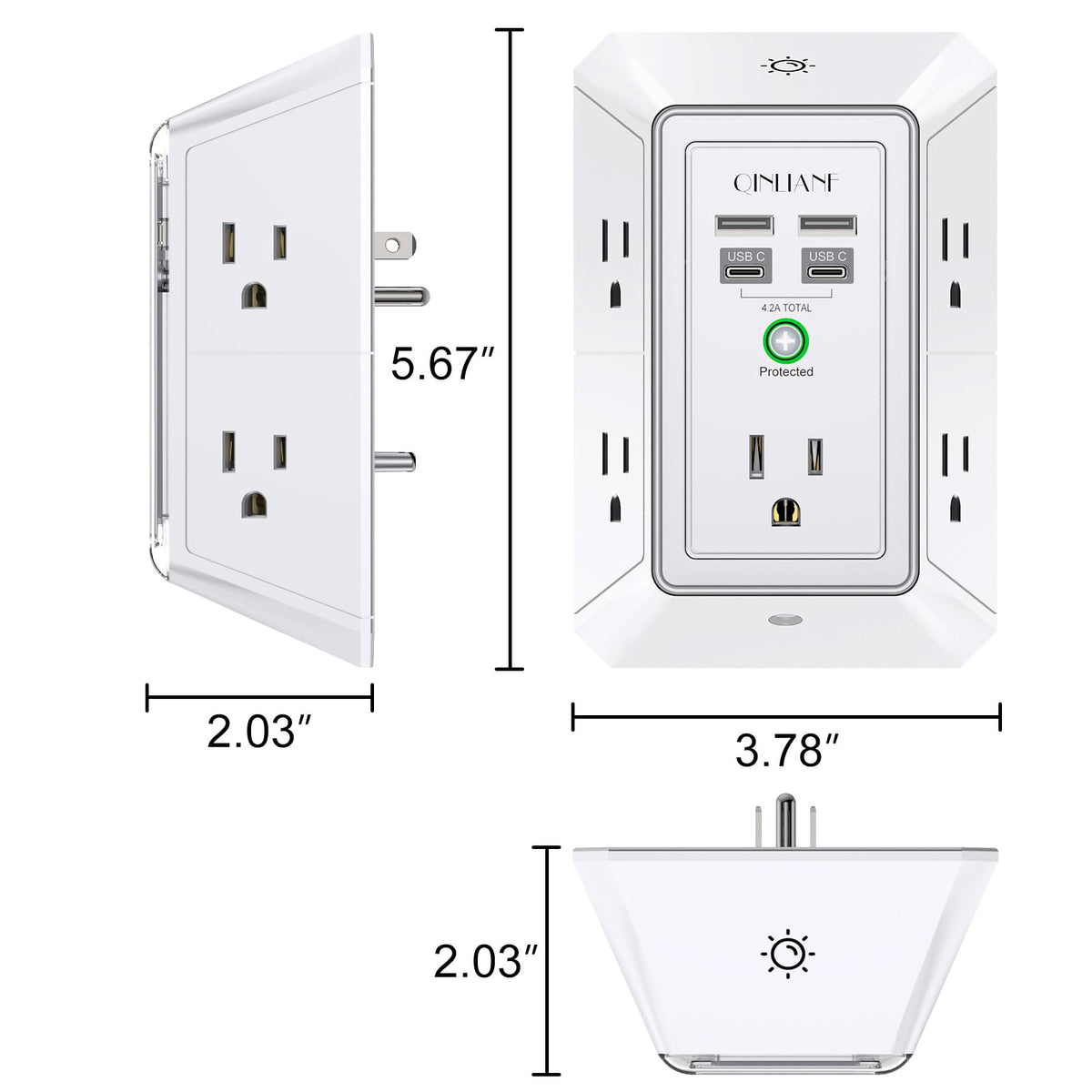 Wall Charger, Surge Protector, QINLIANF 5 Outlet Extender with 4 USB Ports Black 3U1C