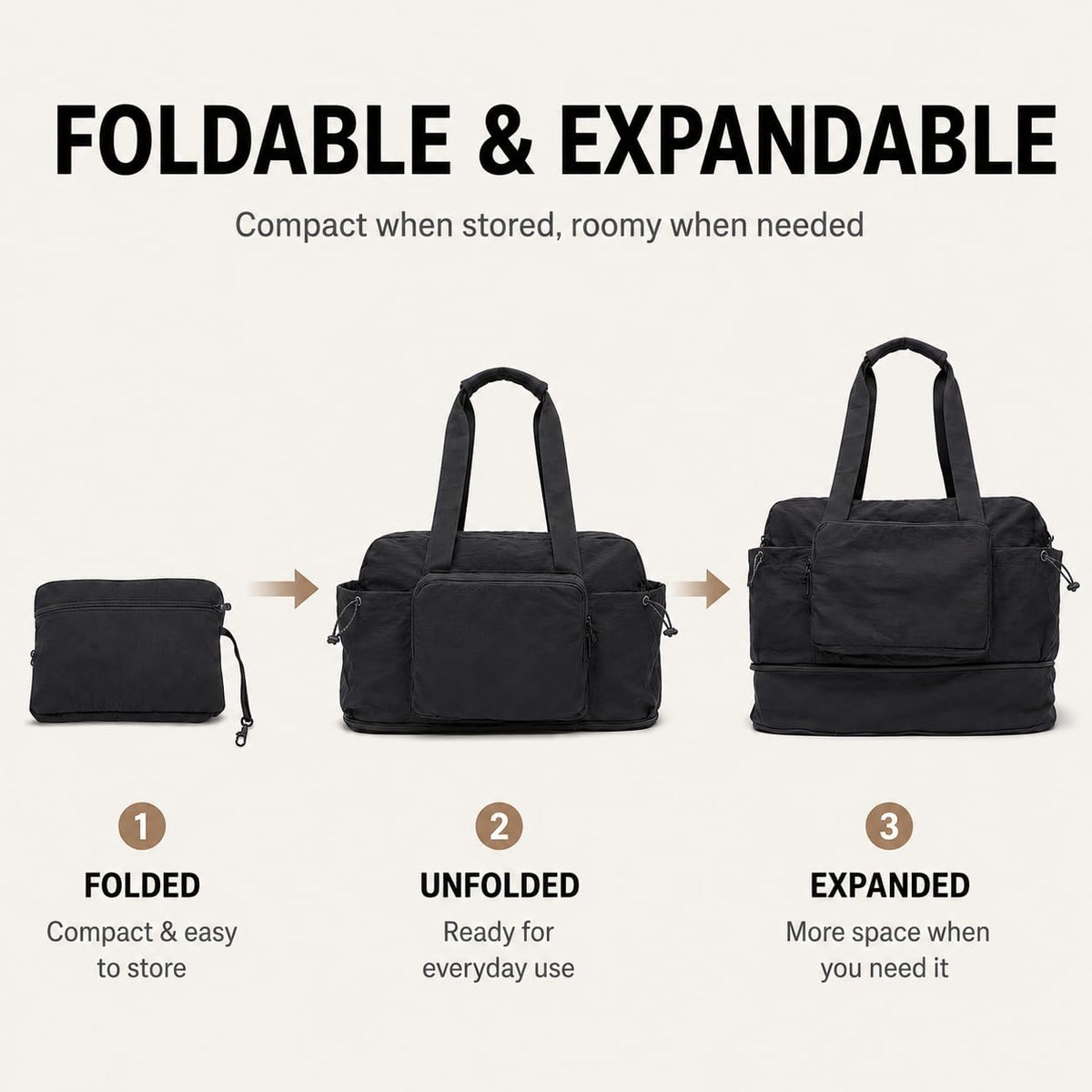 Foldable Travel Duffel Bag,Packable Weekender Bag with Luggage Sleeve, 35L-45L Expandable Overnight Carry-On Tote with Padded Shoulder Strap, Lightweight Nylon Extra Bag for Travel
