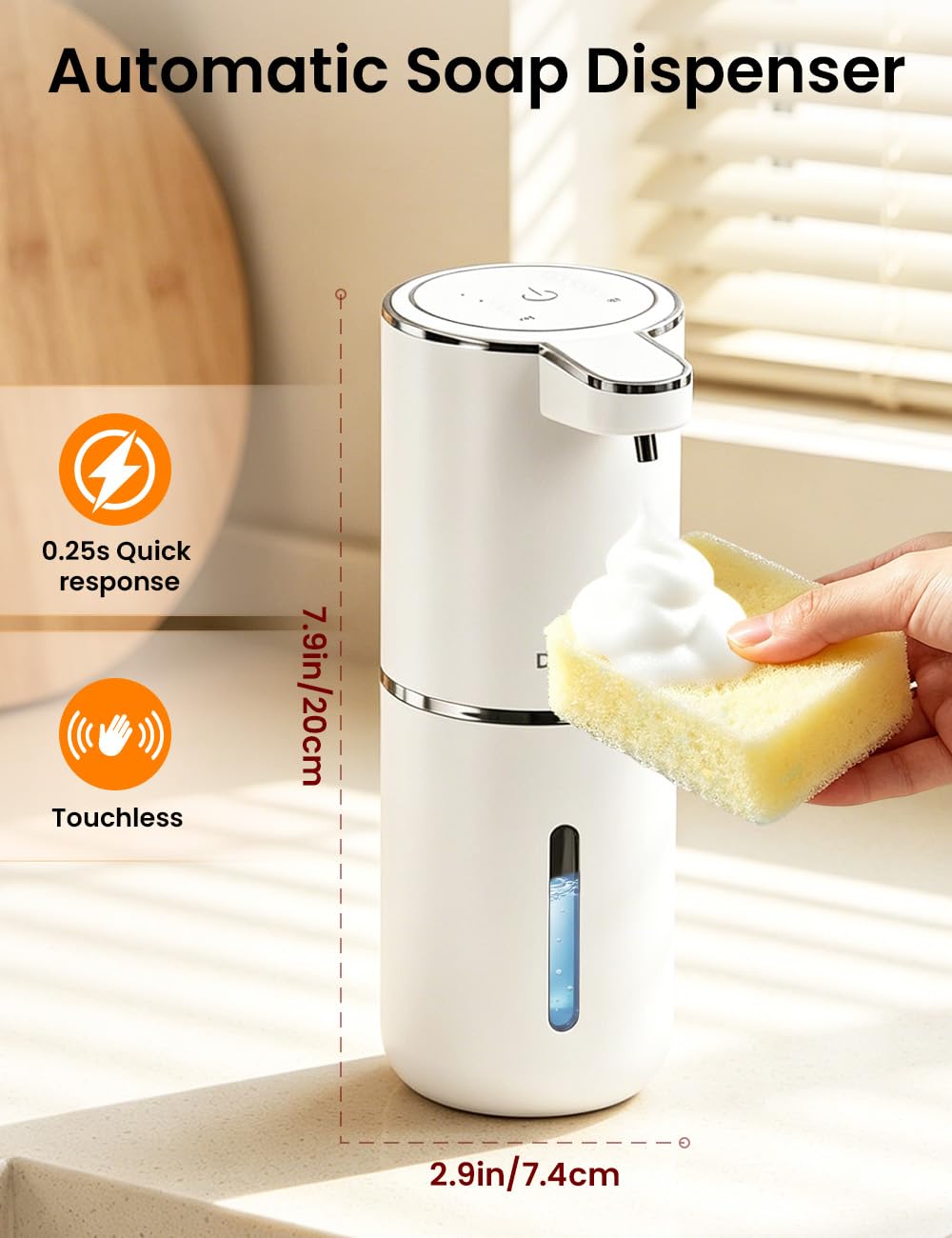 Automatic Soap Dispenser Touchless, USB Rechargeable Hand Soap Dispenser, 4 Adjustable Soap Levels, IPX5 Waterproof, 12.8oz/380ml, Countertop or Wall Mounted for Bathroom and Kitchen, White Liquid