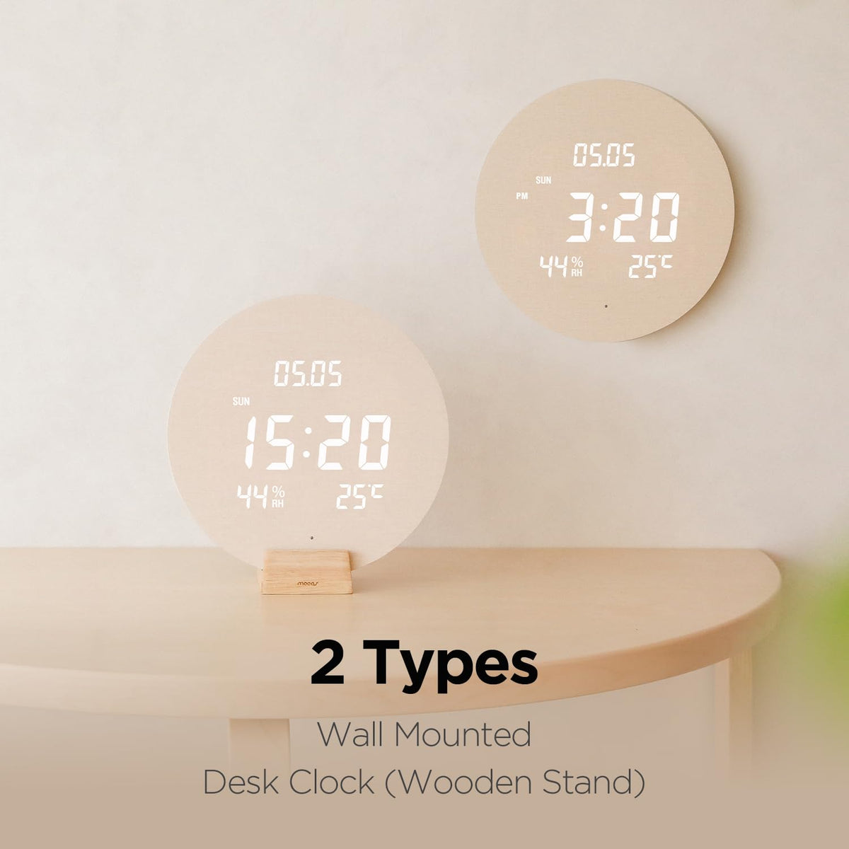 mooas Wood Moon Cordless Mini Digital LED Wall Clock, Date, Temperature Wood Moon (Cordless Mini)