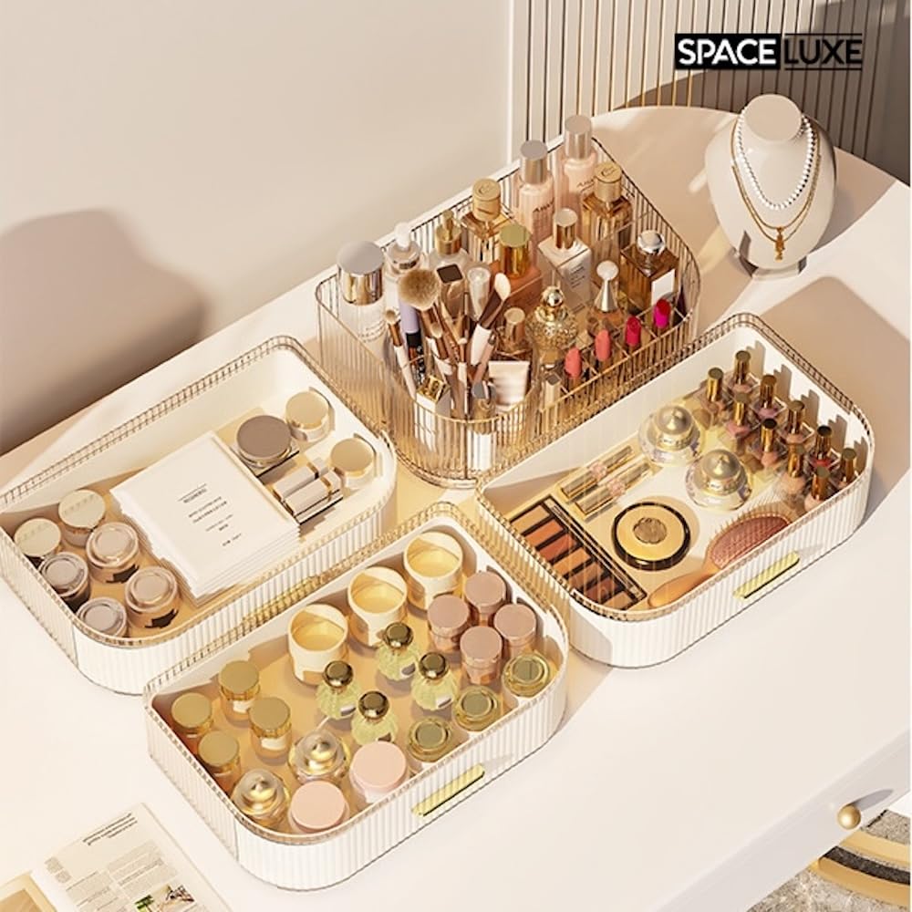 Large Makeup Organizer with Drawers, 360° Rotating Brush Holder Cream White 3-layer