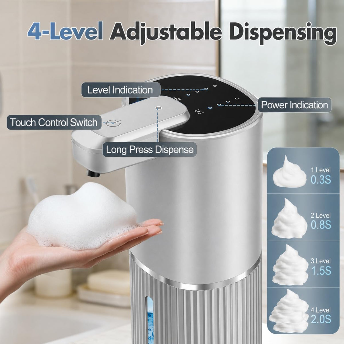 Automatic Soap Dispenser, Foaming Soap Dispenser Touchless with Continuous Dispensing, 4-Level Adjustable, Rechargeable Hand Soap Dispensers, Wall Mounted or Countertop for Bathroom & Kitchen Gold