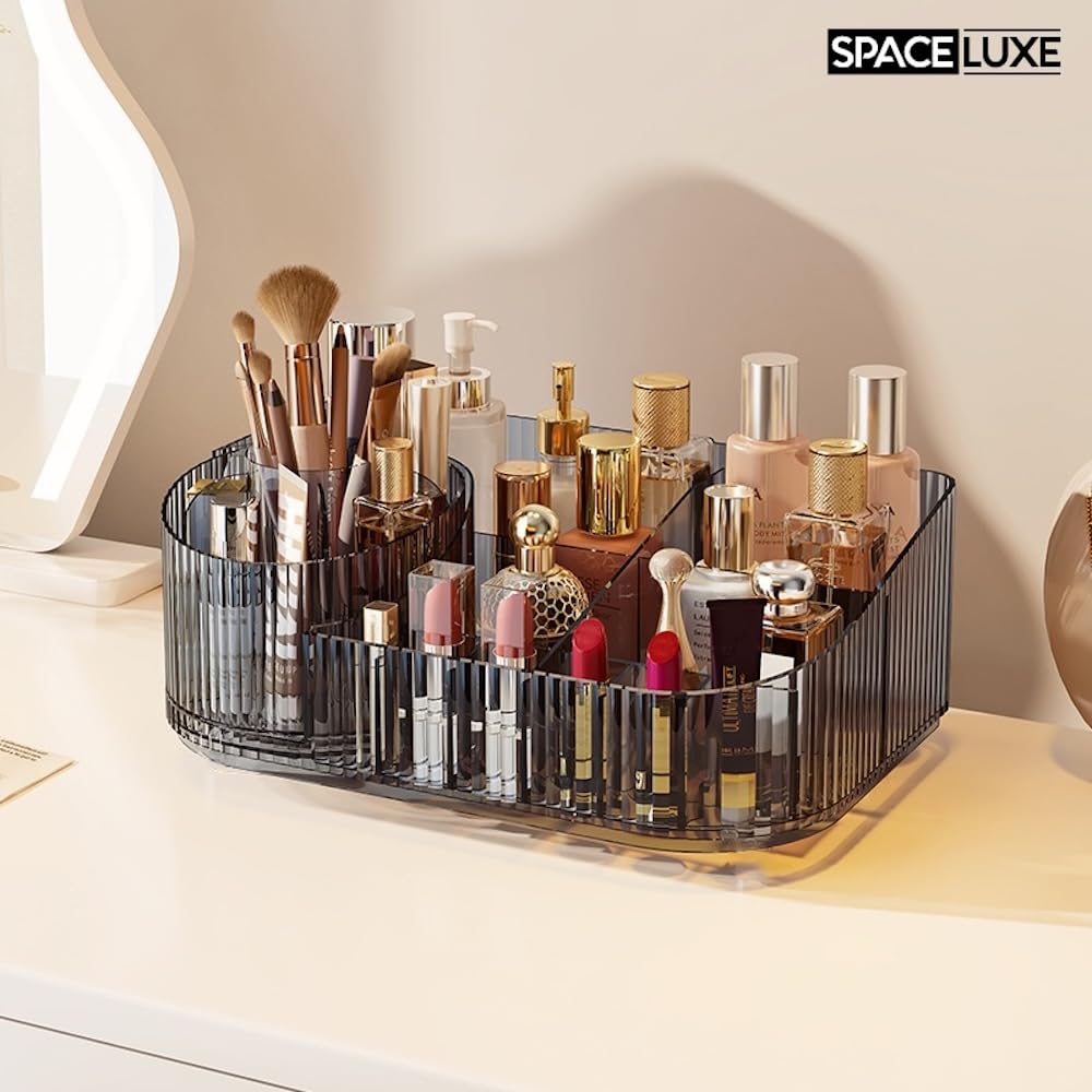 Large Makeup Organizer with Drawers, 360° Rotating Brush Holder Cream White 3-layer