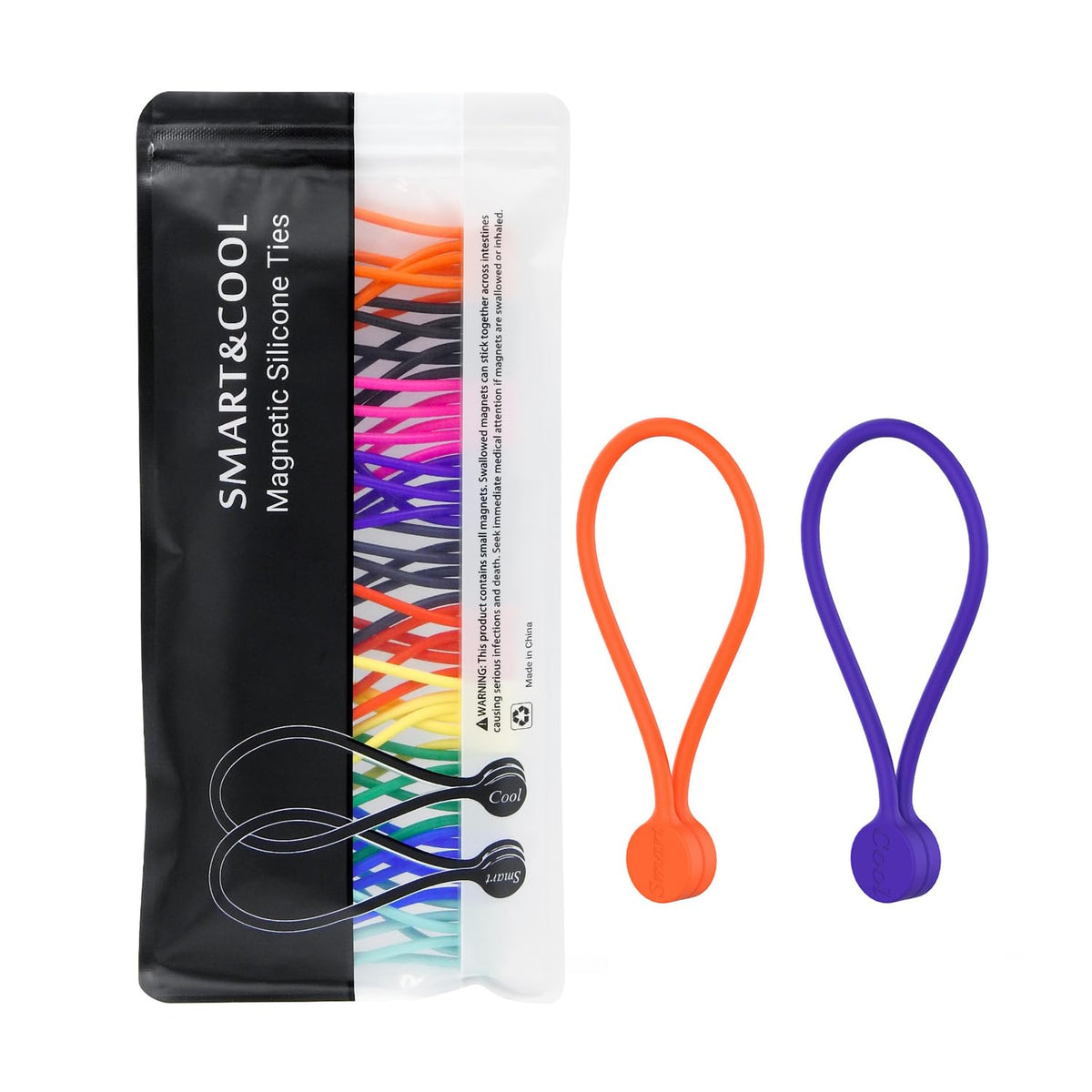 SMART&COOL Reusable Silicone Magnetic Cable Ties, Multicolored, 20-Pack