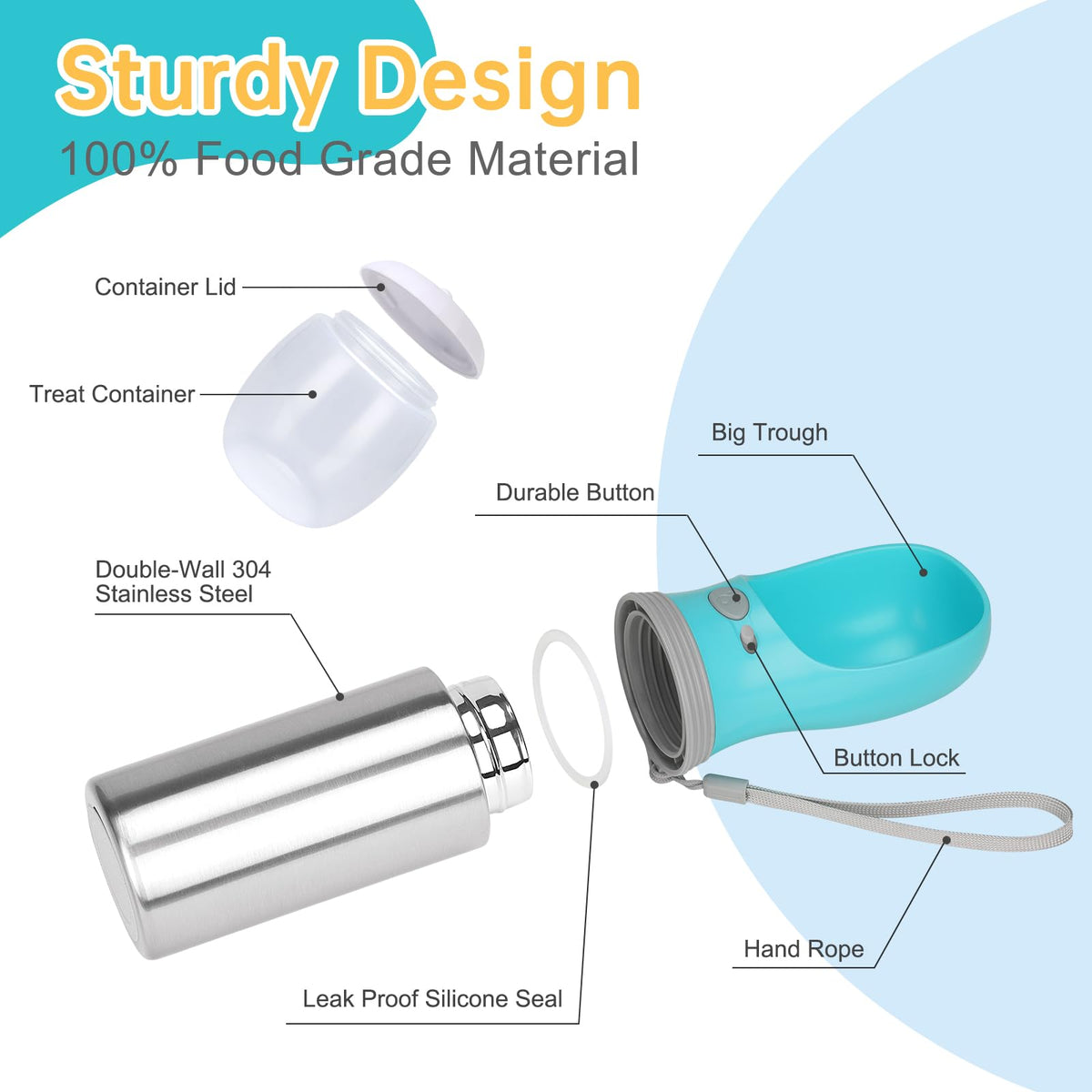 Portable Dog Water Bottle, 14 OZ Stainless Steel Pet Water Dispenser Button switch 14 OZ - Blue