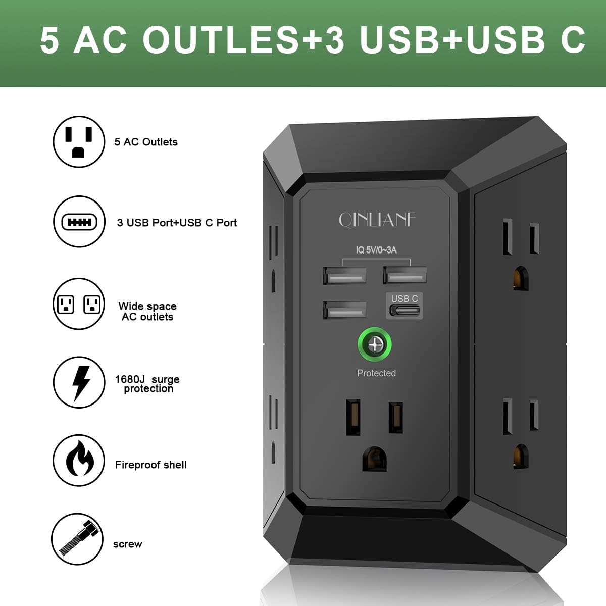 Wall Charger, Surge Protector, QINLIANF 5 Outlet Extender with 4 USB Ports Black 3U1C