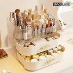Large Makeup Organizer with Drawers, 360° Rotating Brush Holder Cream White 3-layer